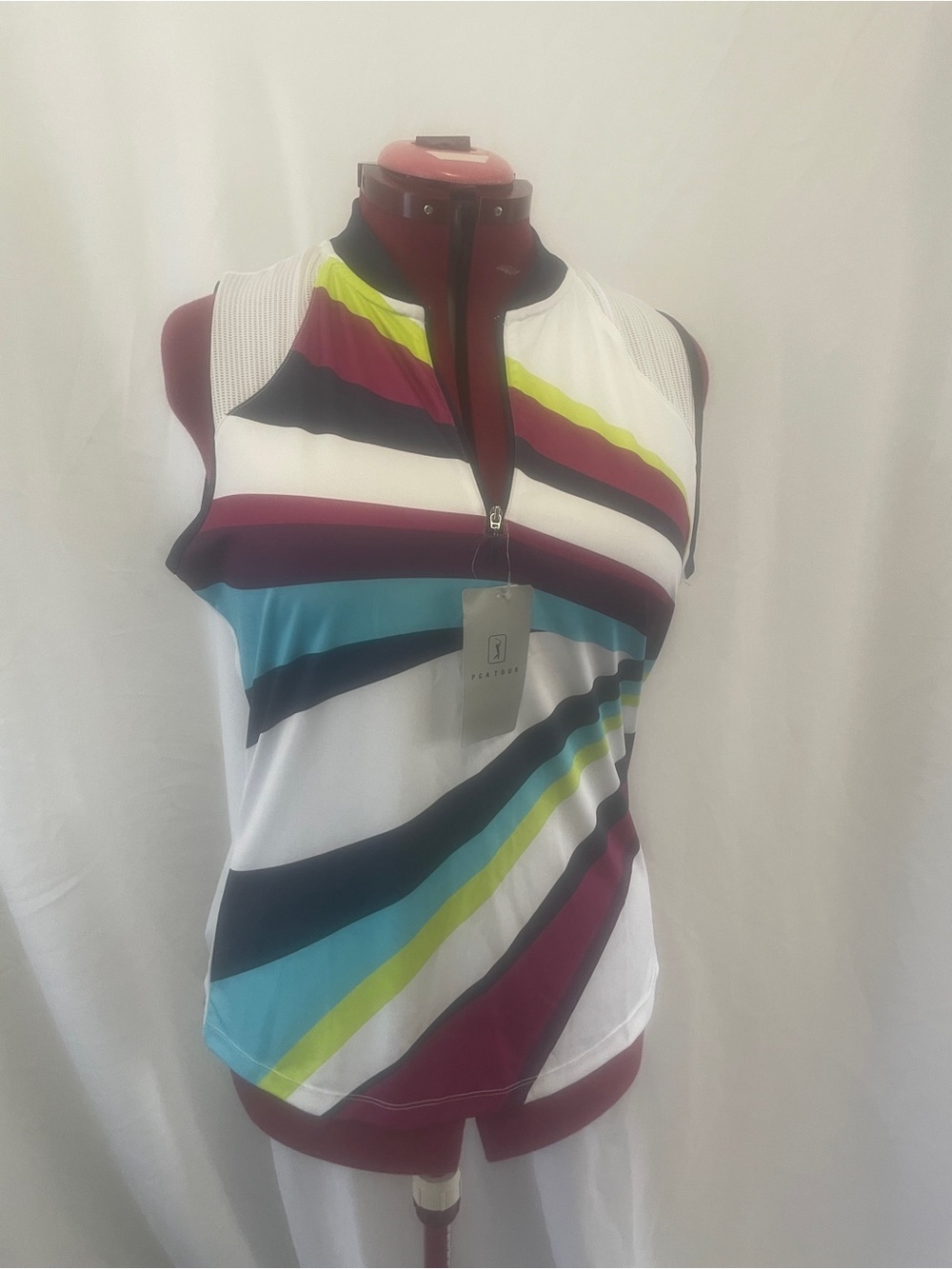 PGA Tour Women's Sleeveless Stripe Zip-Front Tank - White/Multi